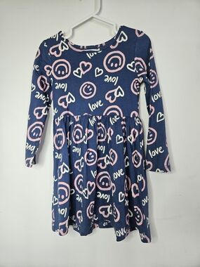 JOE FRESH Girls Long Sleeve Smiley Face Heart Dress Size 5T Navy Blue Love🩷